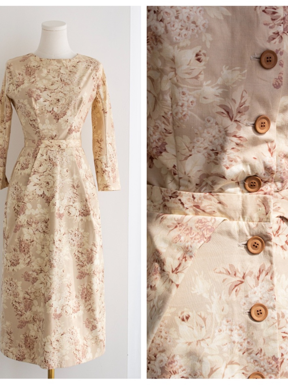 Ulyana Sergeenko Custom Made Beige Pink Floral Print Wooden Midi Dress